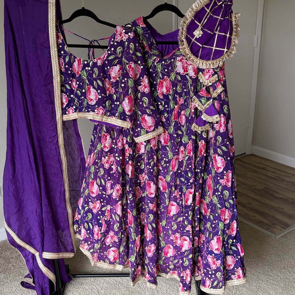 BRAND NEW Vibrant Purple Floral Dress with Gold Accents Indian  lehenga
